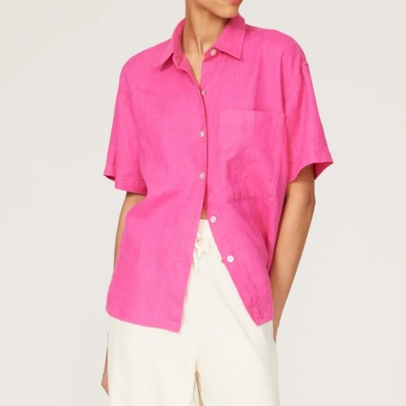 Rails Women's Linen Raspberry Pink Short-Sleeve Mackinley Button-Down Shirt, S - Picture 1 of 14